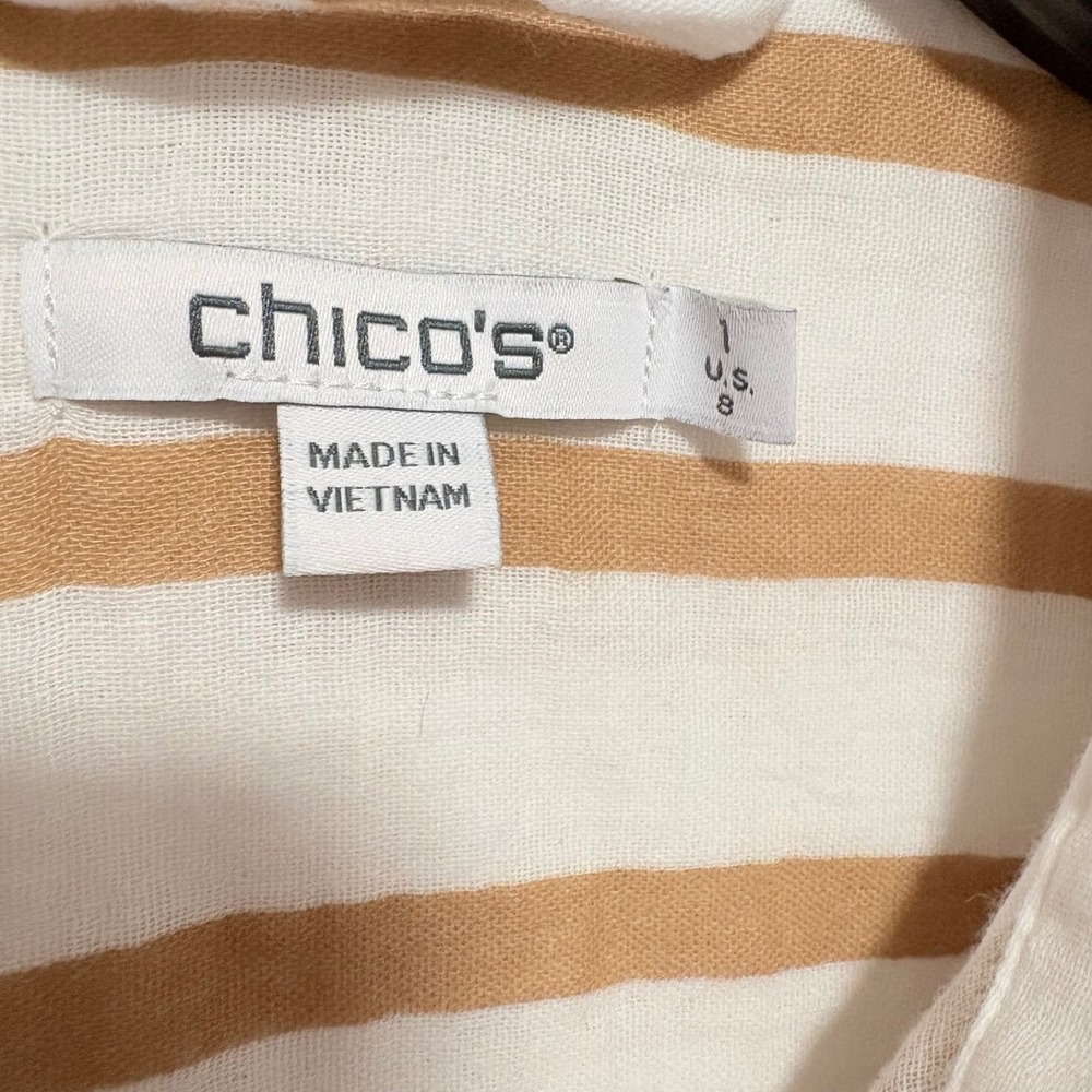 Chico's Striped Midi Shirt Dress COTTO Tan White Cotton gauze Pockets Boho - Picture 4 of 10